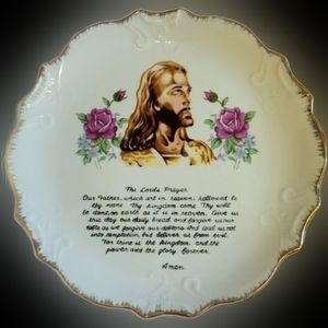 Vtg Japan the lords prayer 18kt gold trimmed Jesus prayer ceramic plate wall art
